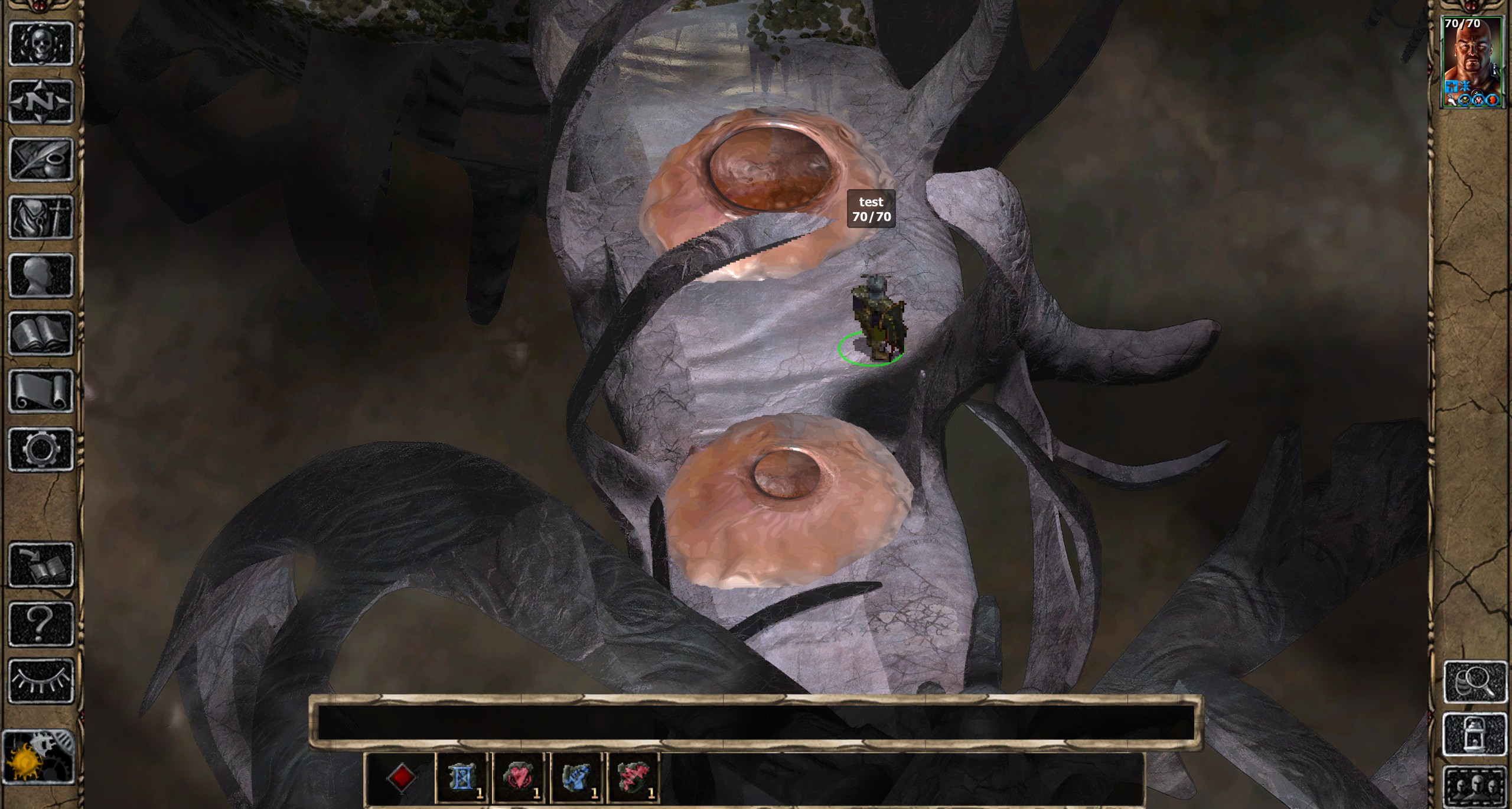 In-game capture after correction: foreground decor correctly masks the organic animation