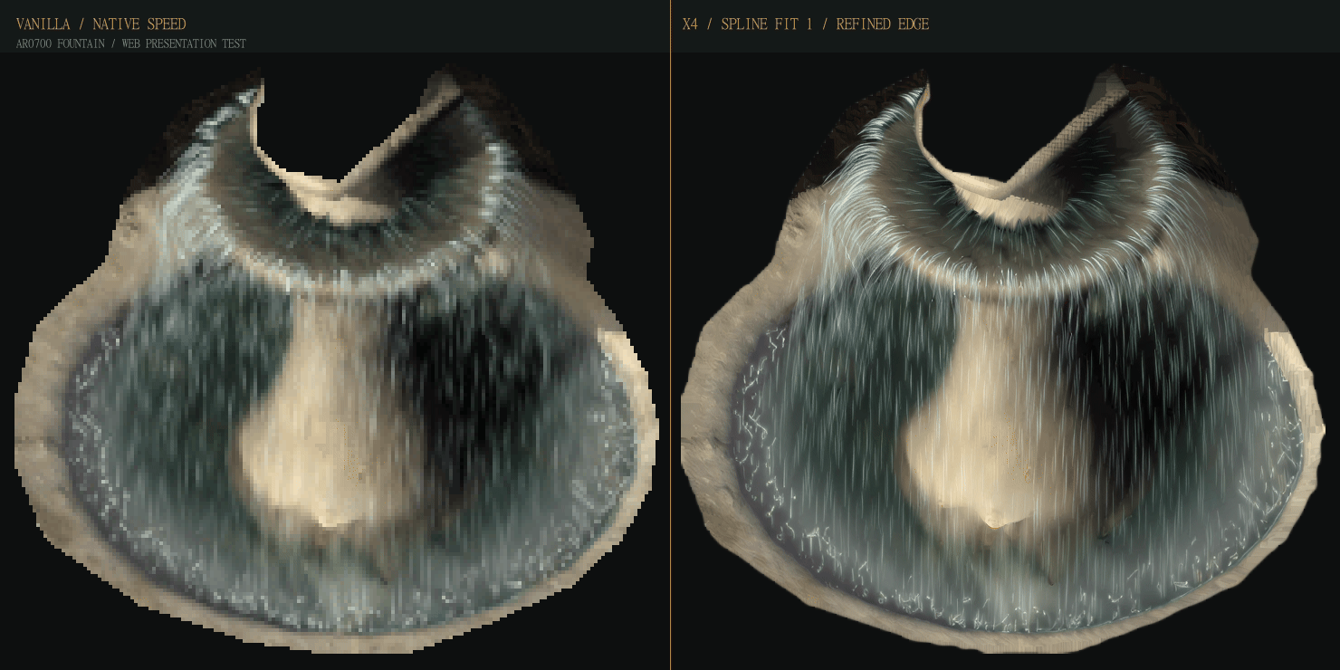Animated presentation comparing the native AR0700 fountain with the x4 interpolated version using a refined Spline Fit 1 contour