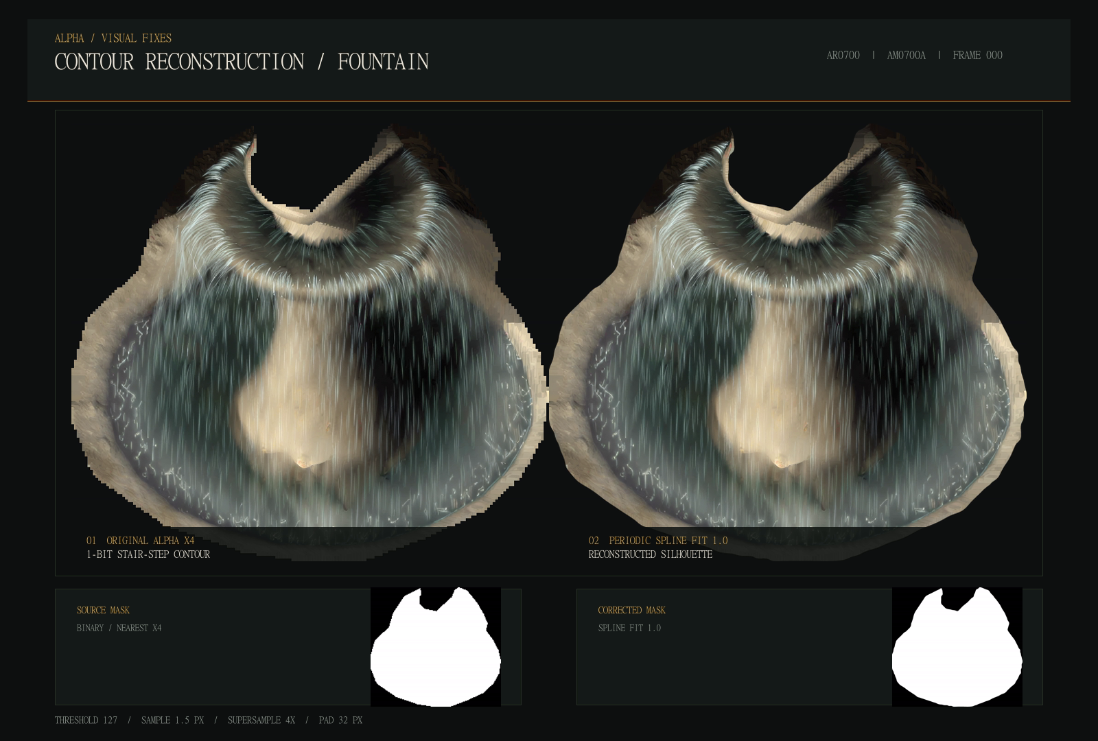 Technical study comparing the original jagged alpha contour of the AR0700 fountain with its Spline Fit 1.0 reconstruction
