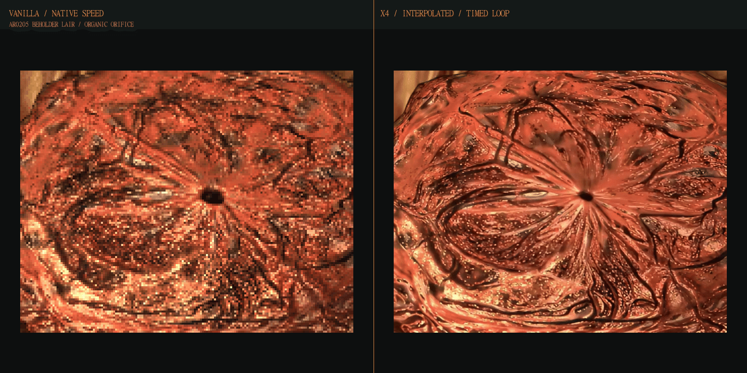 Animated presentation comparing the native AR0205 organic orifice with its x4 interpolated version, with the source alpha micro-holes corrected for the web preview