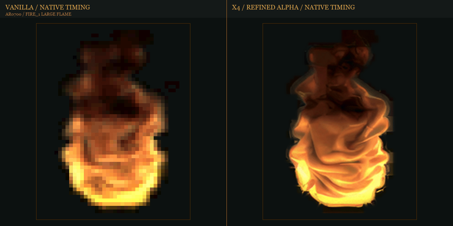 Animated presentation comparing the native AR0700 large flame with its x4 version using a refined inset alpha contour