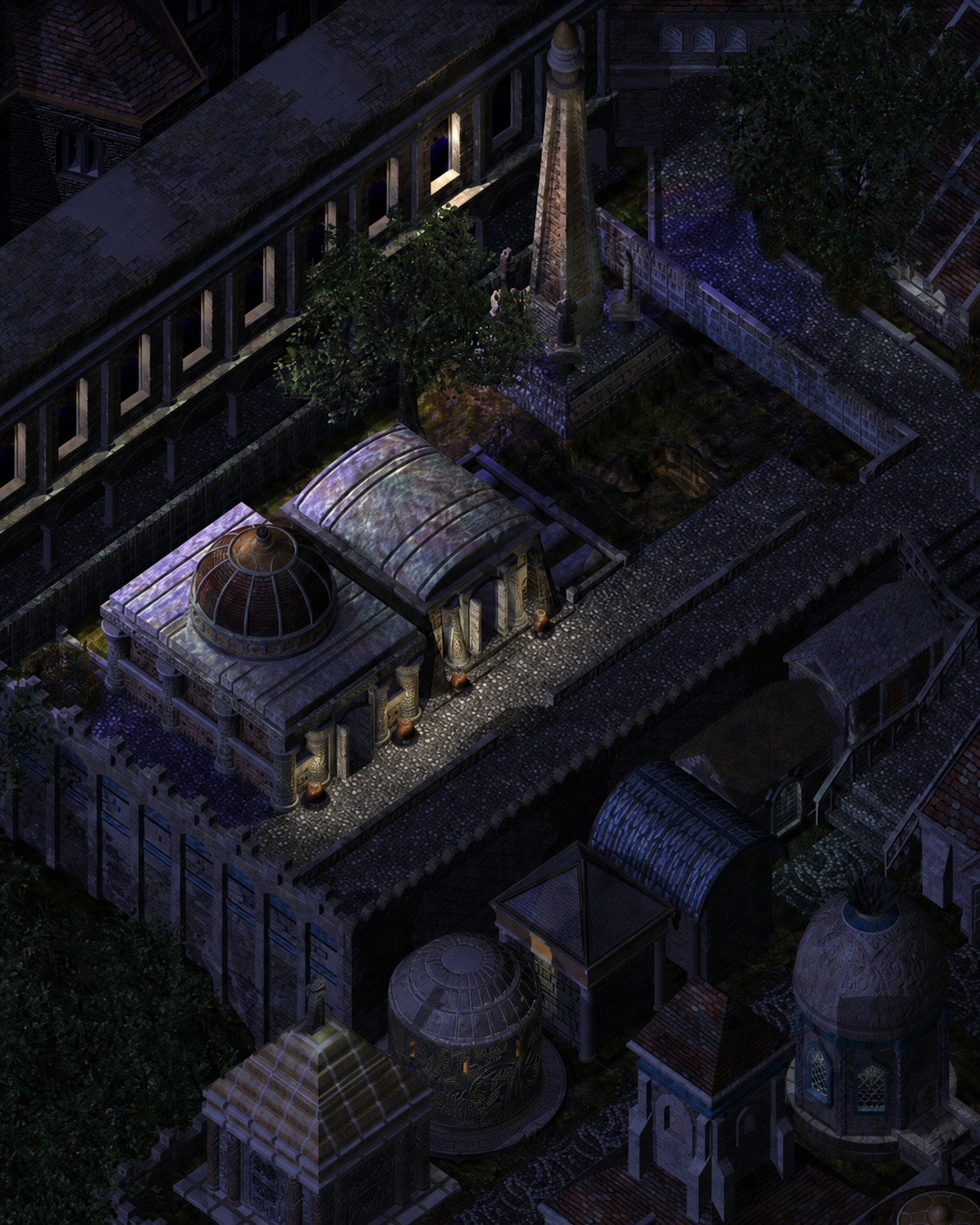 AR0800 Graveyard at night, upscaled — illuminated stone mausoleums and an obelisk