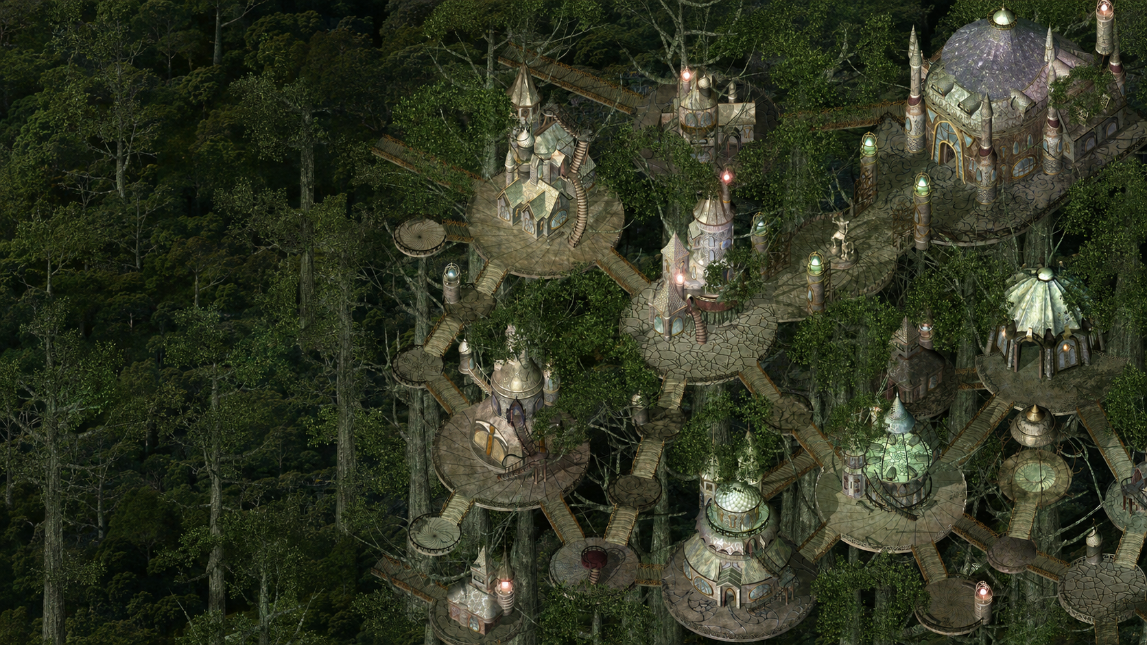 Suldanessellar by day, upscaled — elven palace among the forest canopy
